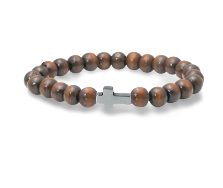 Bracelet Perles Bois Et Croix Hématite - Fait Main, Sur Mesure, Neuf Sans Emballage